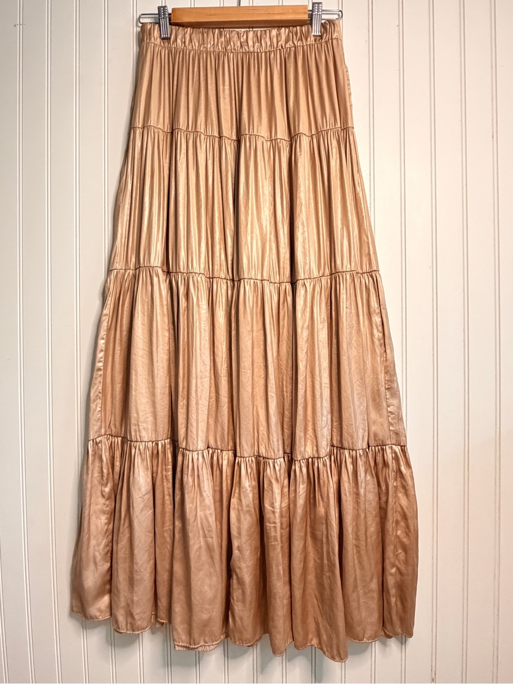 Zara Gold Satin Tiered Maxi Skirt Sz S-M